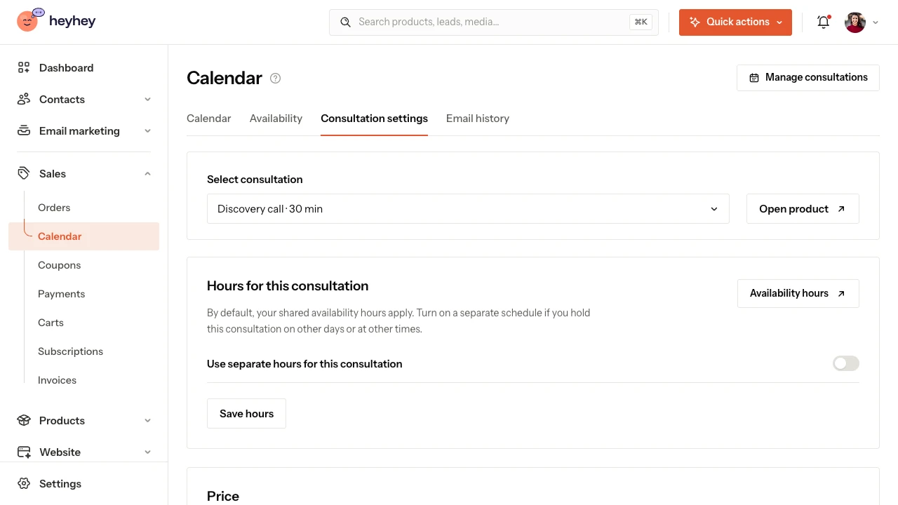 Consultation settings: choosing a consultation, hours for this consultation and the price