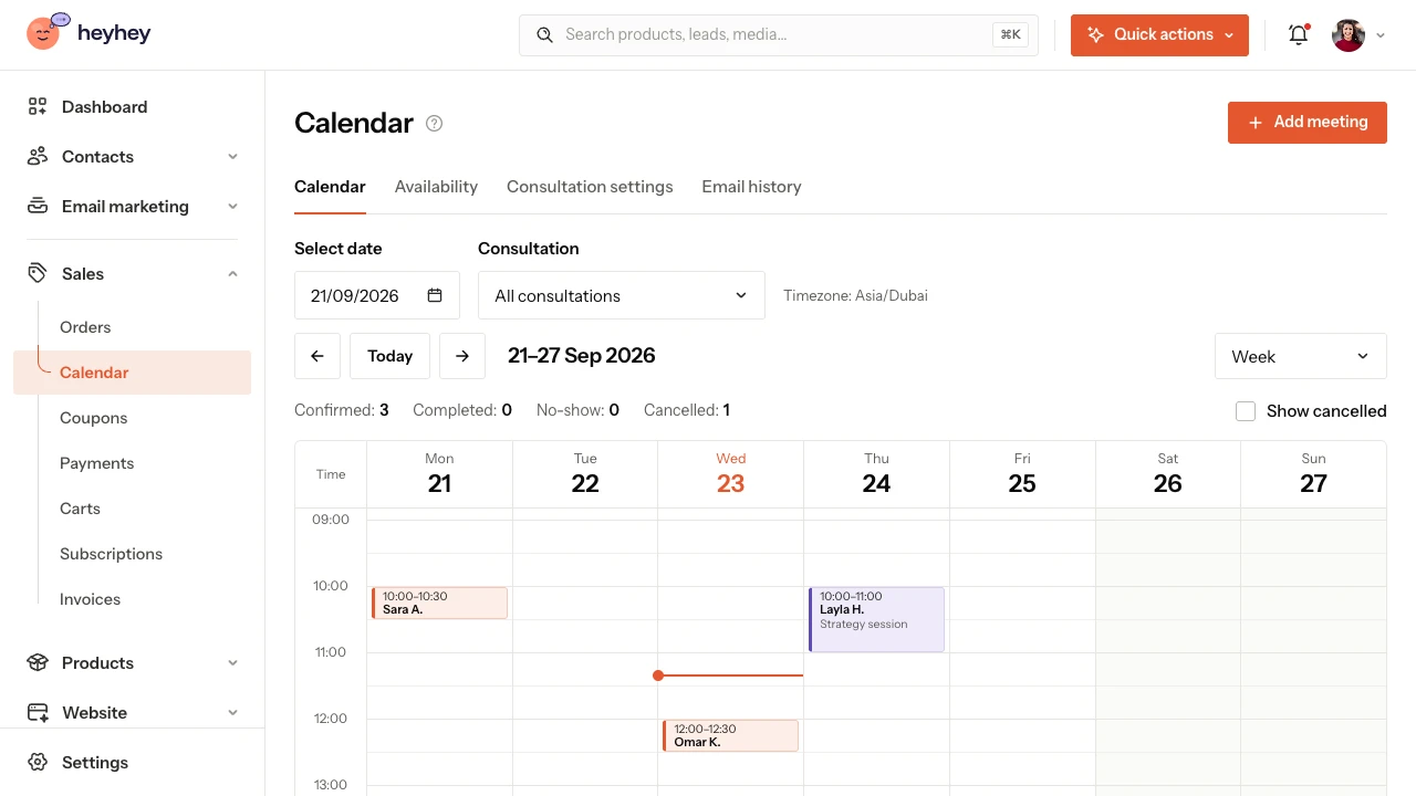 The heyhey calendar in week view
